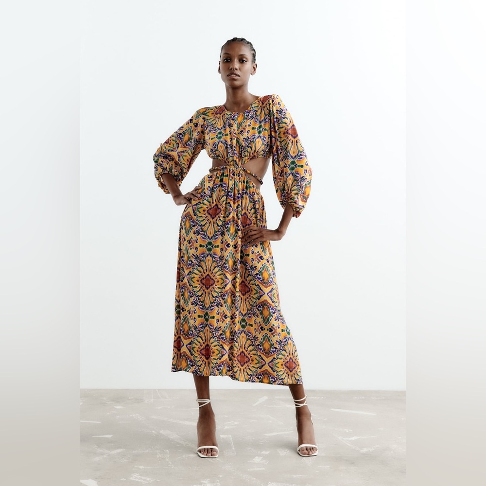 Zara Print Flowy Cut Out Long Sleeve Maxi Dress size XL